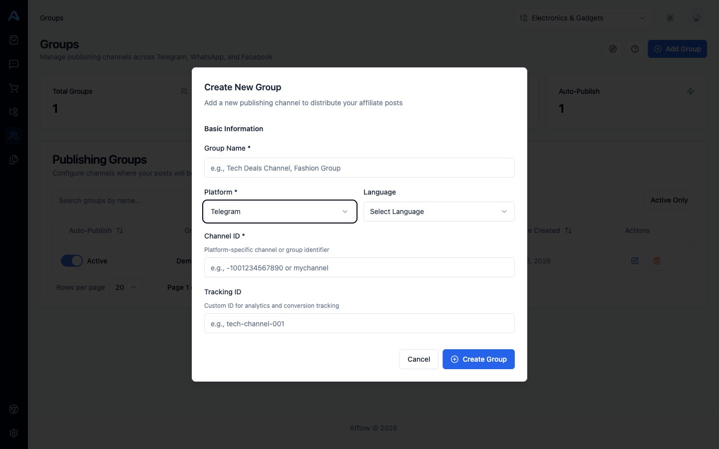 חלונית הוספת קבוצה עם טלגרם נבחר