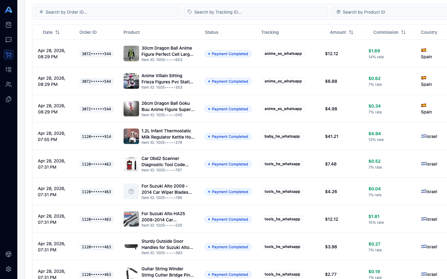 Orders table with date, product, status, tracking, amount, and commission columns
