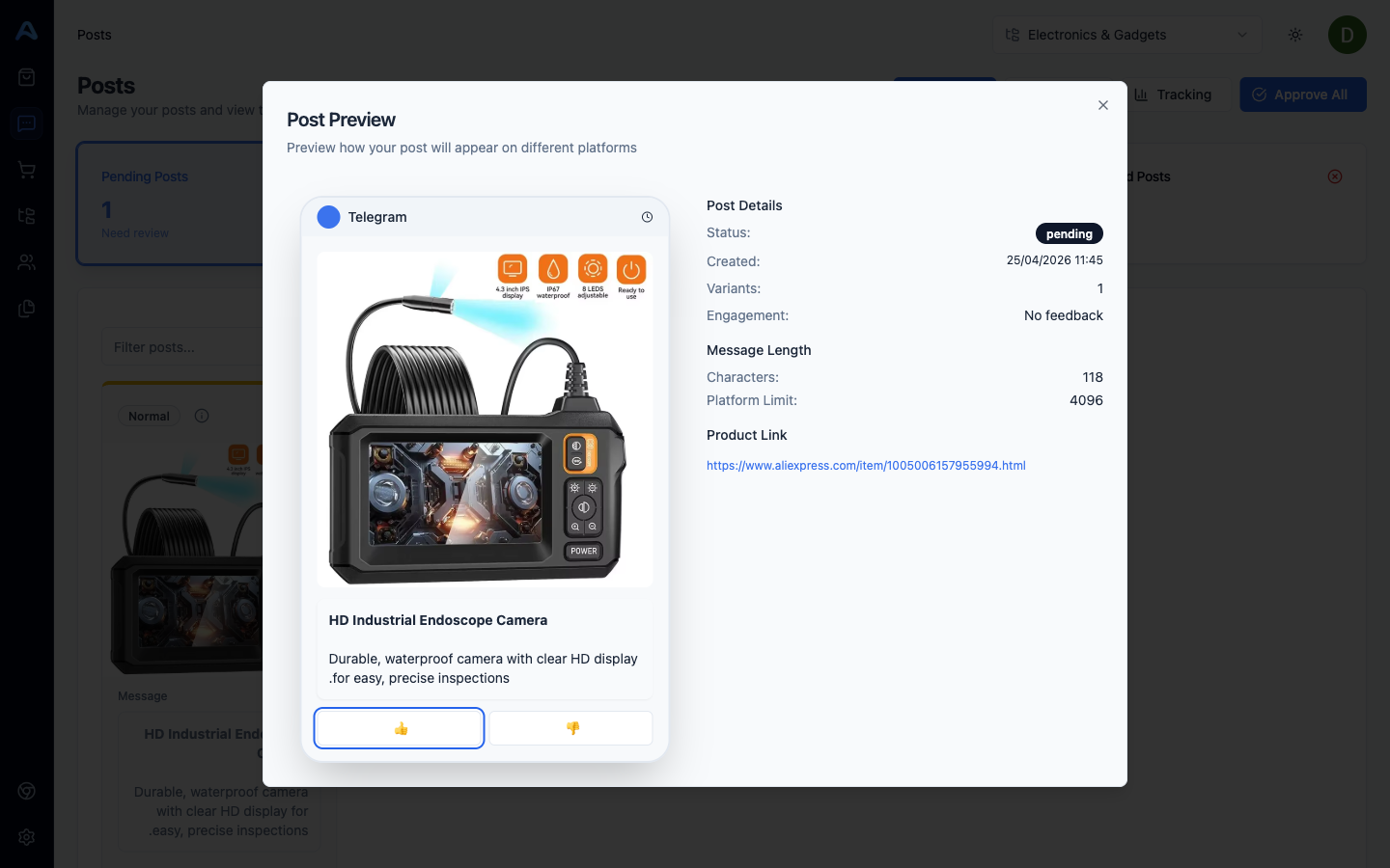 עורך פוסט ממתין עם כותרת, גוף, גלריית תמונות ובוחר וריאציה