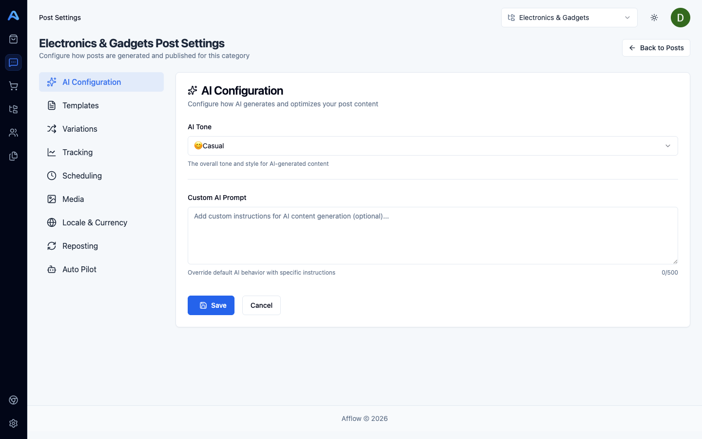 תשע הלשוניות בהגדרות הפוסטים