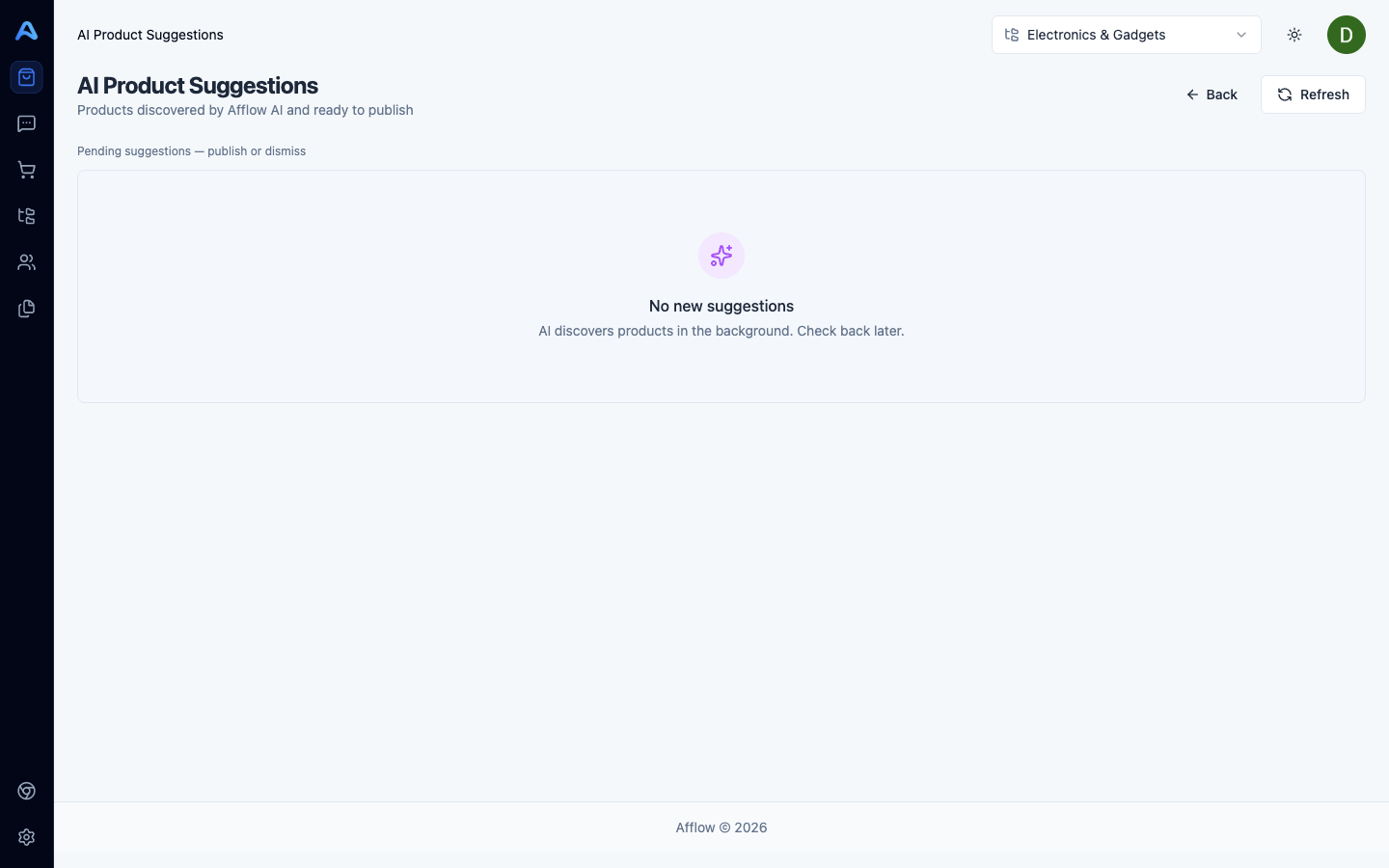 AI Suggestions grid with approve, reject, and create post actions