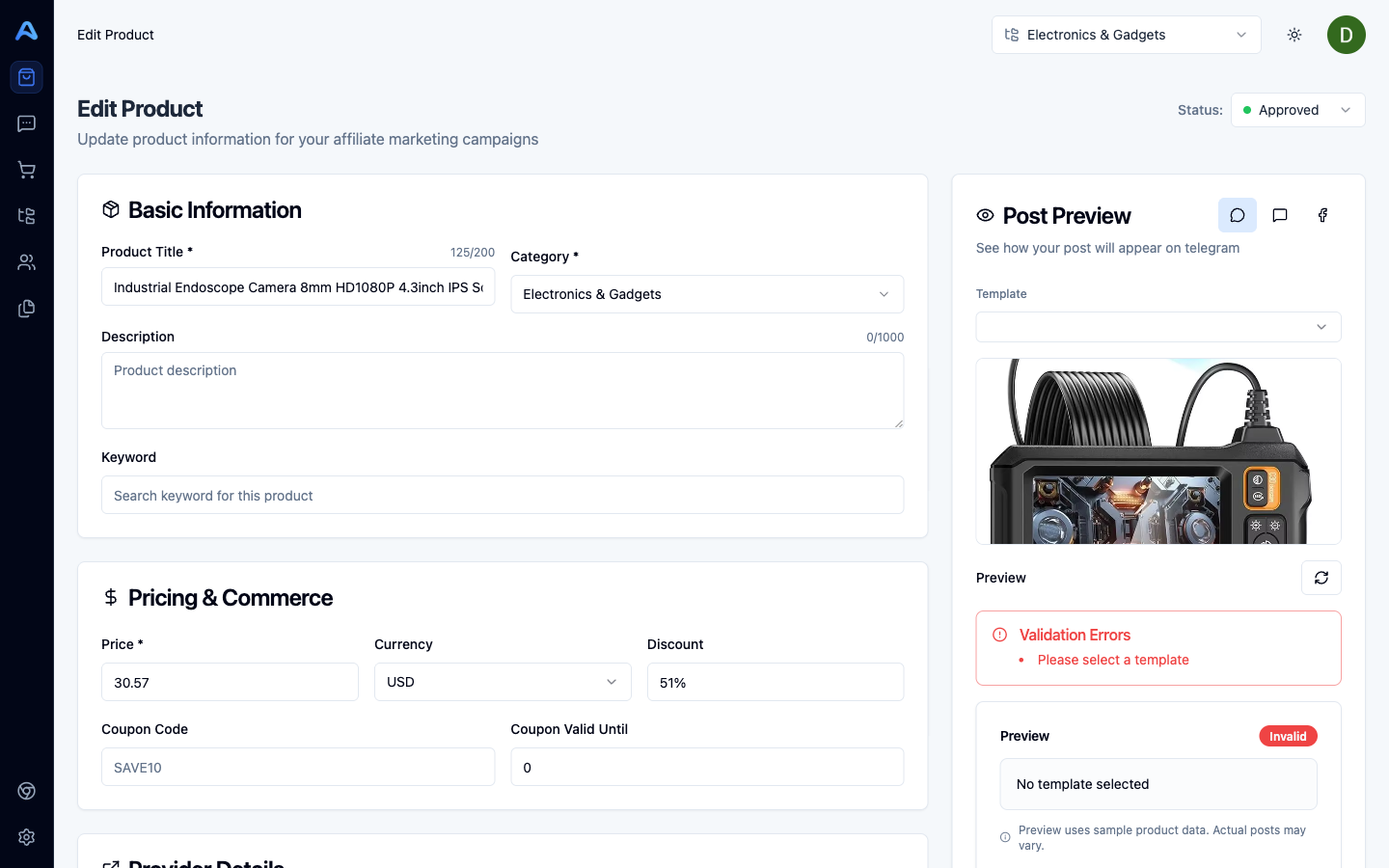 Product edit page with form and live preview
