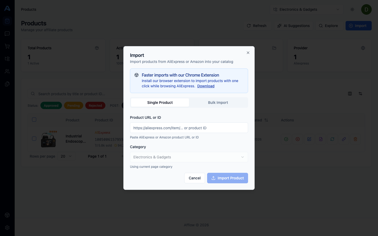 The import modal with single URL field and category selector