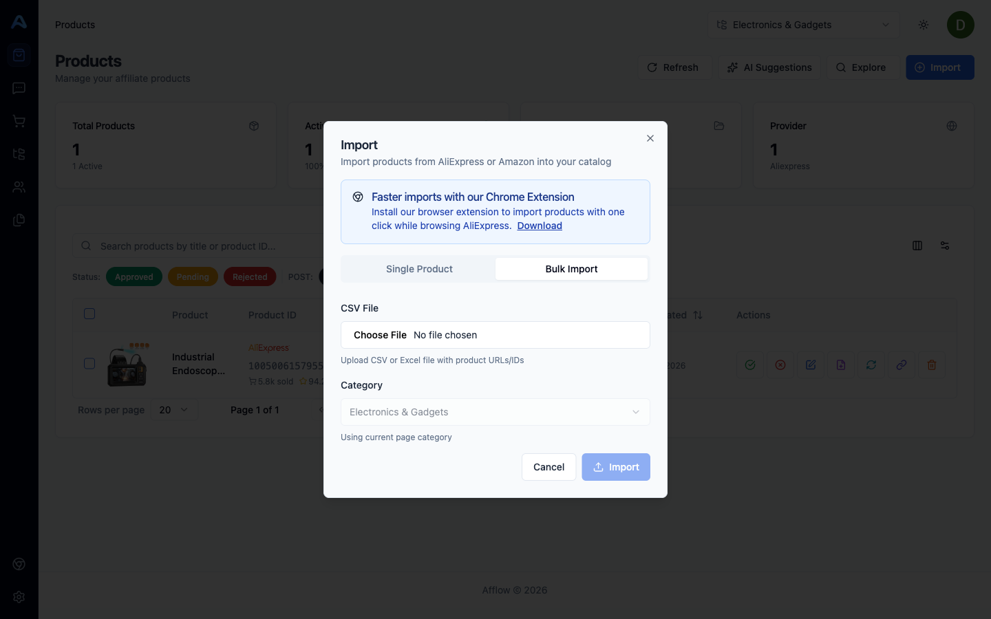 Bulk import tab with file upload