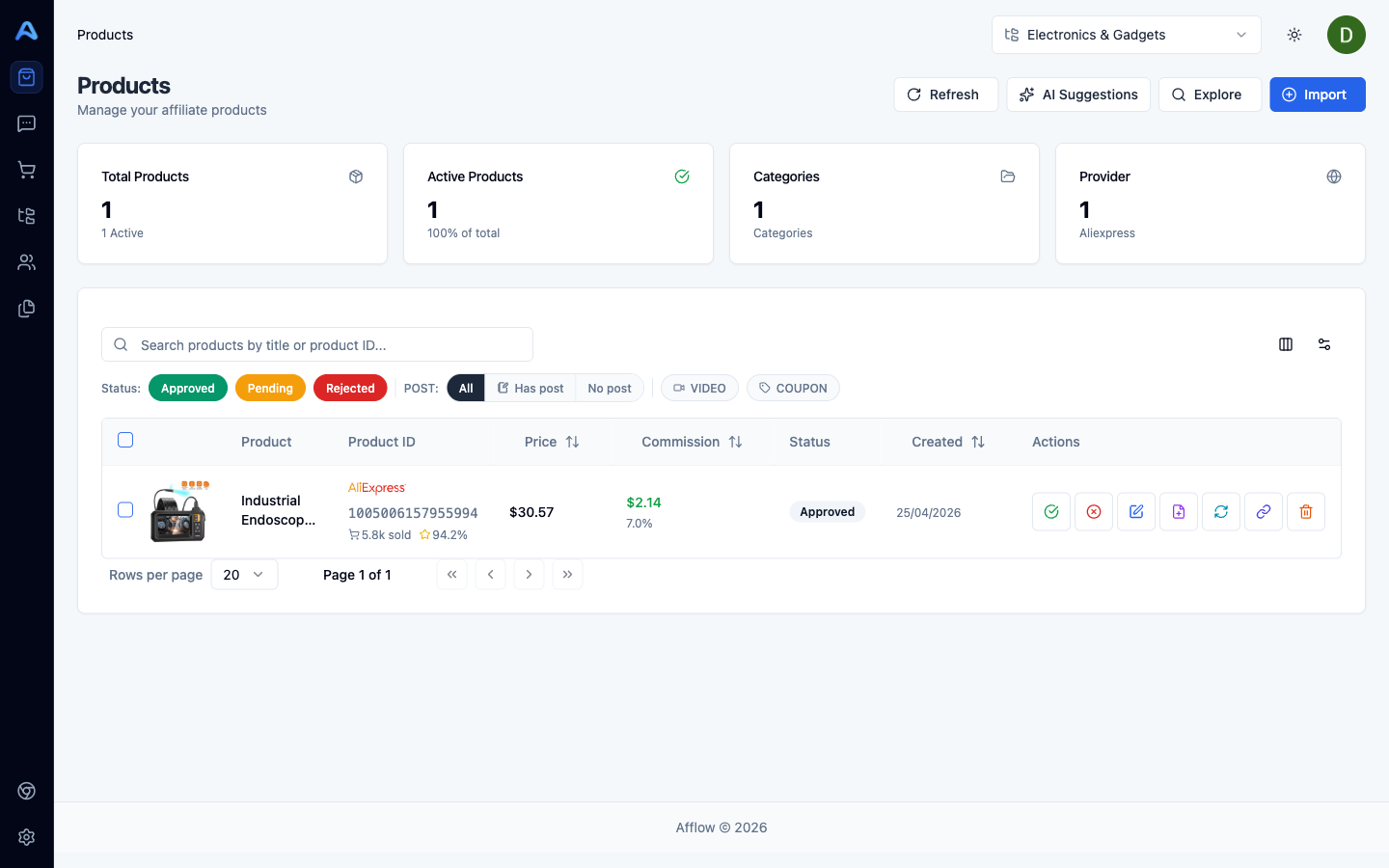 Products page with stats, filters, and the product table