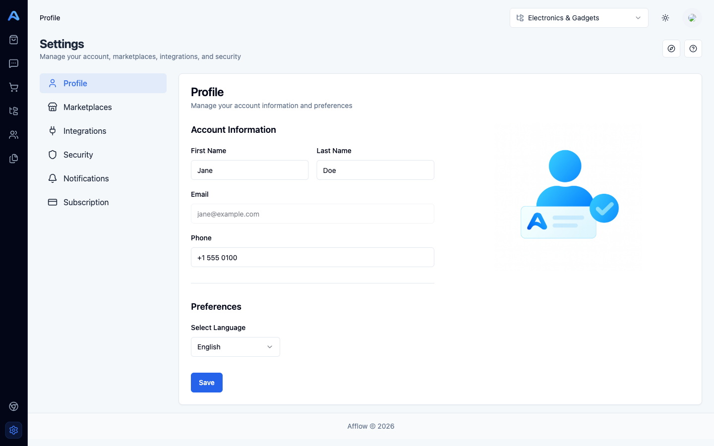 Profile tab with name, email, phone, and language fields