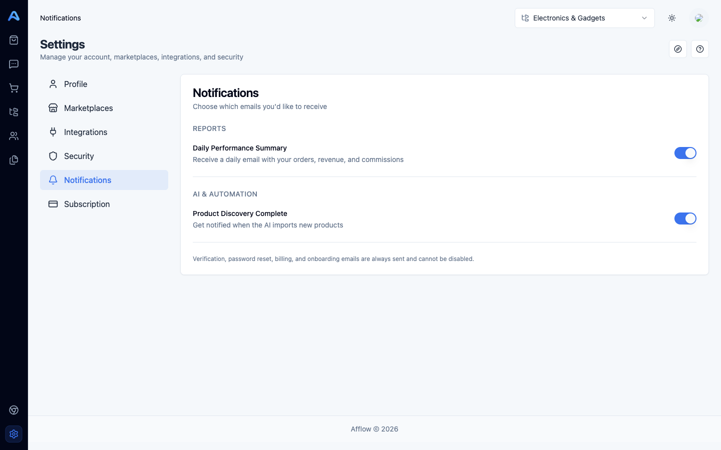 Notifications tab with two toggle switches
