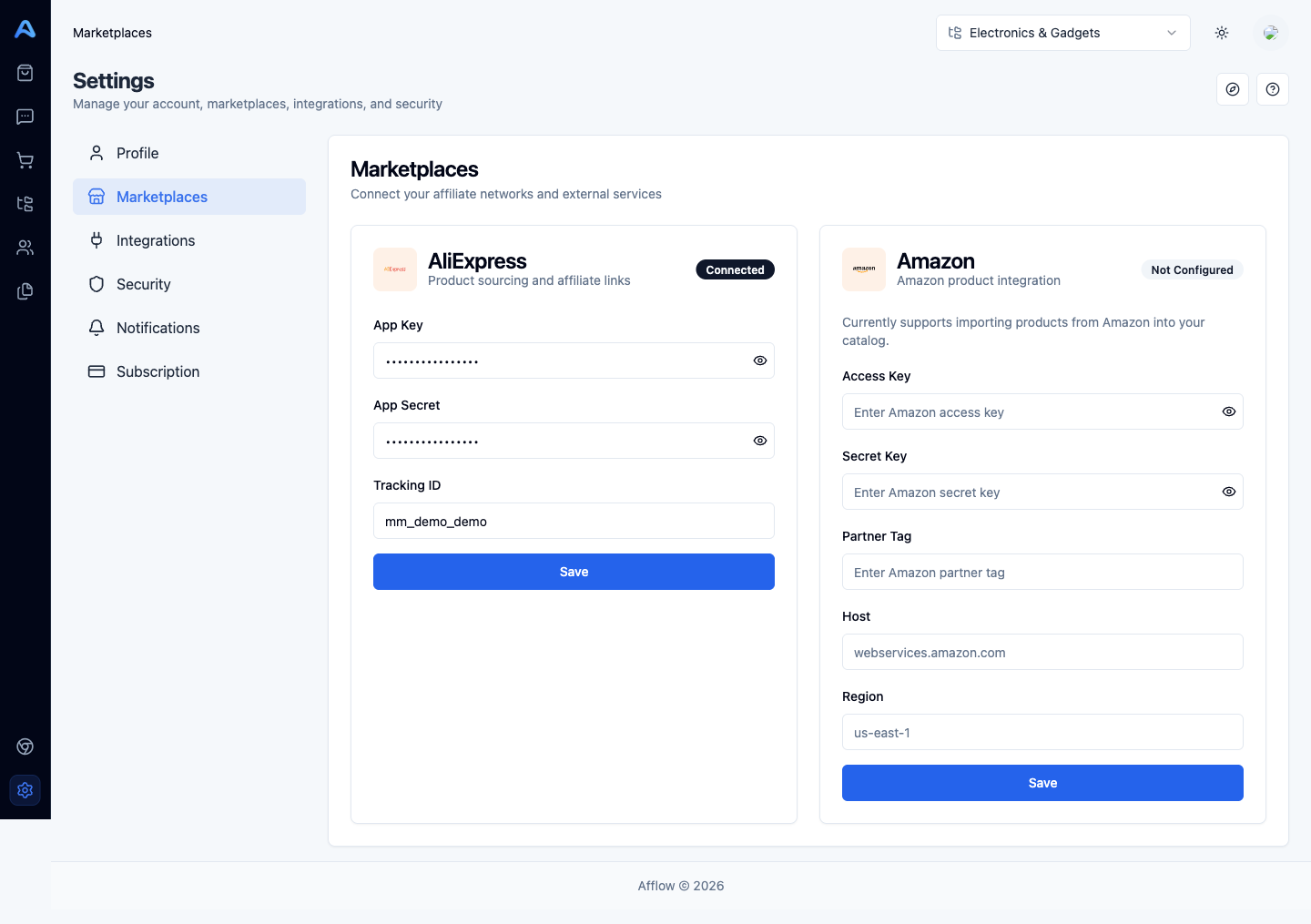 לשונית שווקים עם כרטיסי AliExpress ואמזון זה לצד זה