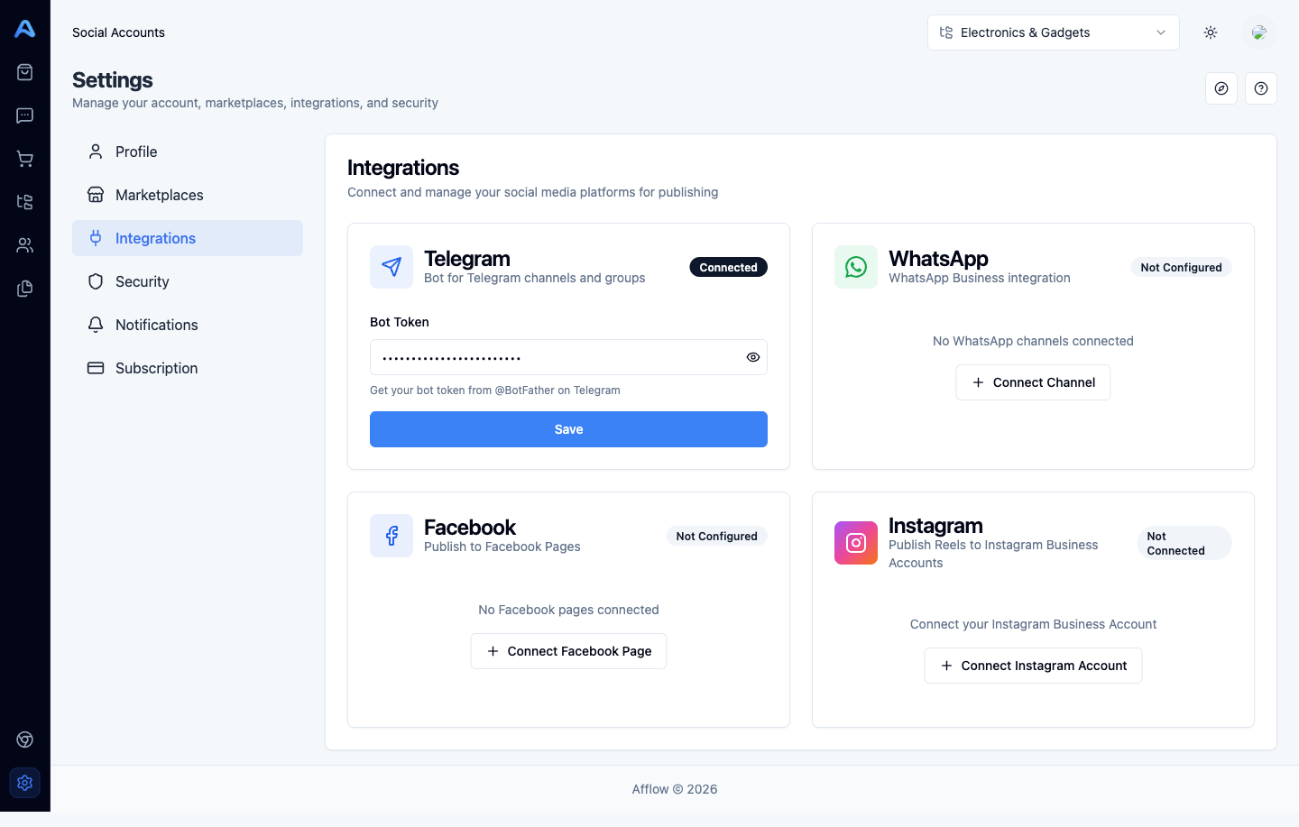 The Settings page with the six-tab vertical sidebar