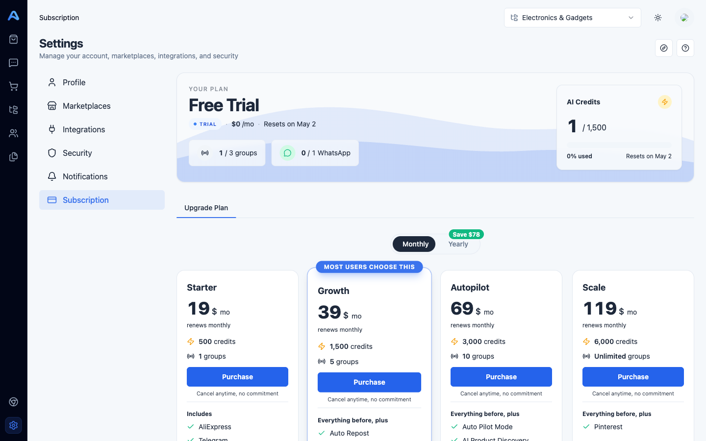 Subscription hero card with current plan, status, usage pills, and the credits widget