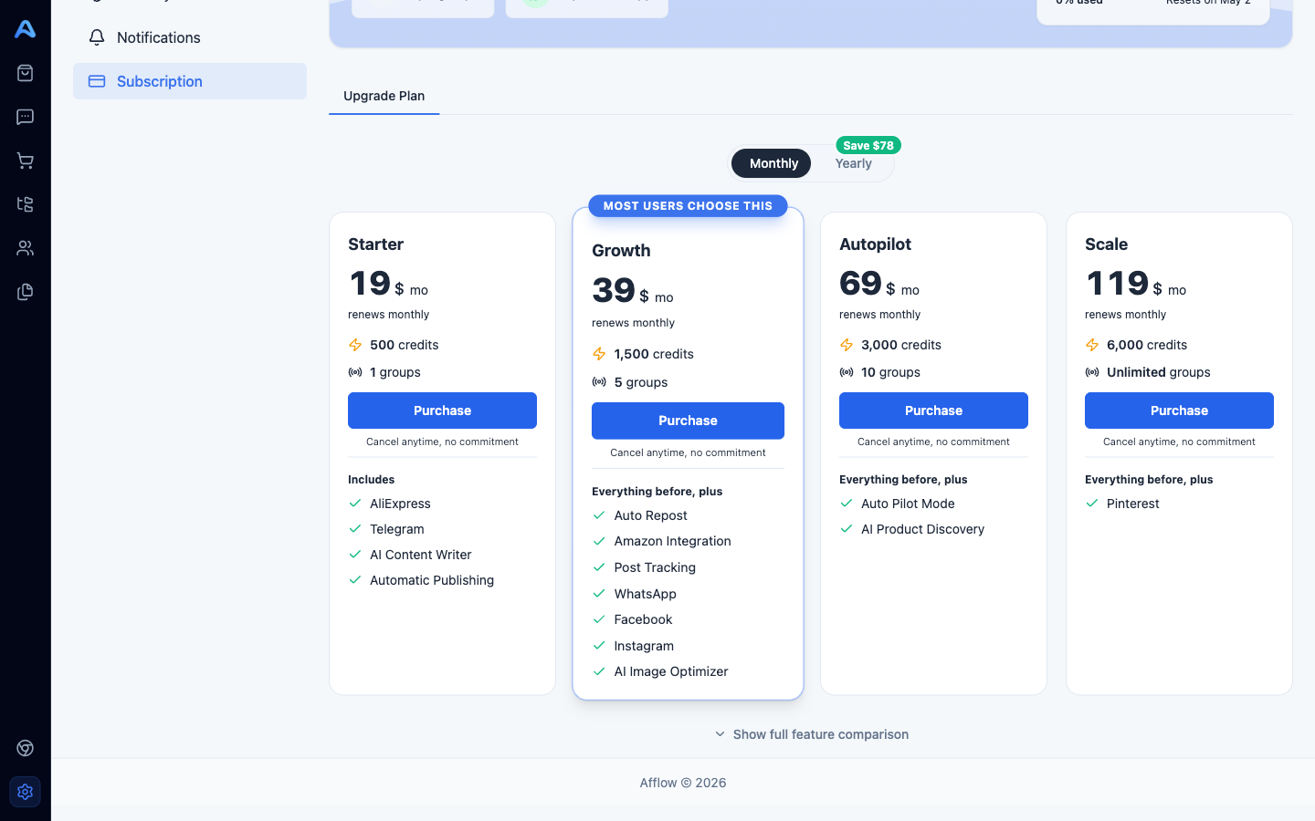 The four plan cards with billing-period toggle and Most users choose this on Growth